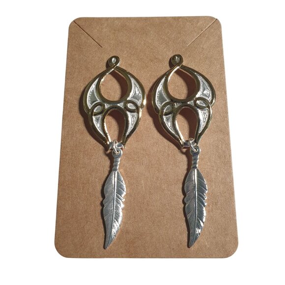 Gold Silver Drop Earrings Feather Dangle Design Stud Boho Chic Pierced Jewelry - Picture 1 of 4